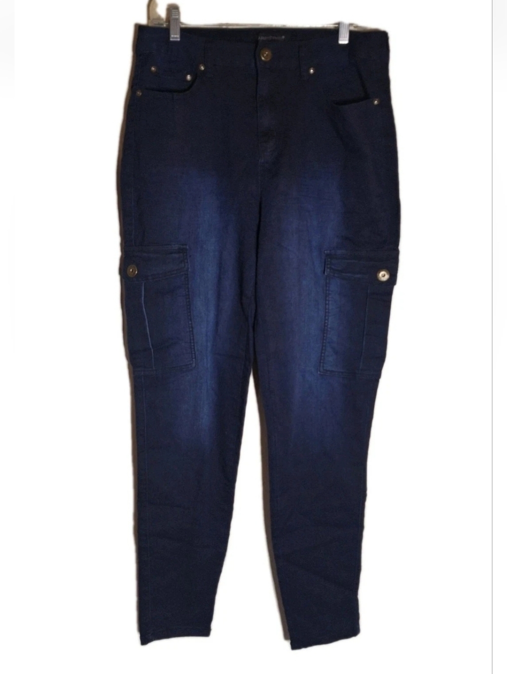 Ashley Stewart Women's Cargo Skinny Jeans Size 14 Blue Thigh Dark Wash Fade NEW